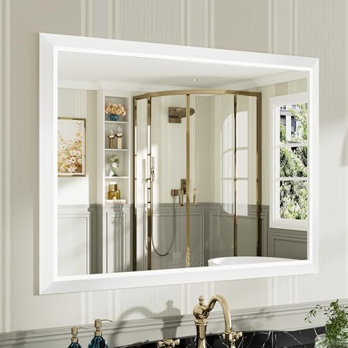 40x30 Inch White Bathroom Mirror for Wall, Thick Metal Framed Rectangle Mirrors for Over Sink, Bedroom, Living Room, Entryway, Anti-Rust, HD Tempered Glass