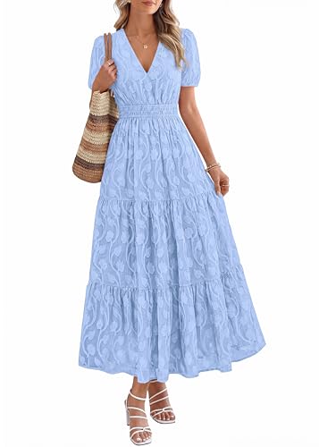 Image of KIRUNDO Summer Dresses for Women 2026 Boho Flowy Casual Short Sleeve V Neck Elastic Waist Floral Long Baby Shower Maxi Dress