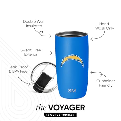 Image of Simple Modern Los Angeles Chargers Coffee Mug with Flip Lid | 16oz | NFL | Voyager Officially Licensed Chargers Stainless Steel Coffee Tumbler | Football Gift for Men, Dad, Him, Her
