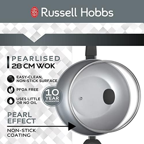 Russell Hobbs RH01709EU Pearlised Forged Aluminium Wok with Tempered Glass Lid, 28cm, Non-Stick Coating, Suitable for All Hob Types Including Induction, Matte Grey