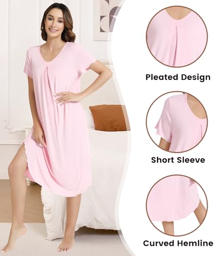 Image of NACHILA Women's Nightgowns-Viscose Made from Bamboo,Soft Nightshirt Short Sleeve Sleepwear Cooling Sleepshirts