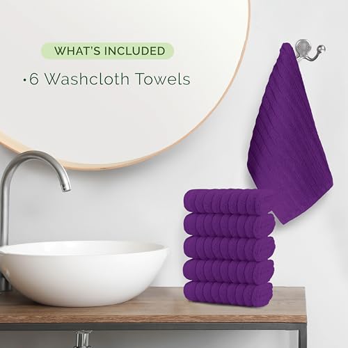 Image of Elegant Comfort 100% Turkish Cotton Corduroy Ribbed Luxury Washcloths 6 Pack Soft 13 x 13 Inch - Higly Absorbent, Durable, Quick Dry, Spa Premium Hotel Quality for Bathroom or Travel, Purple