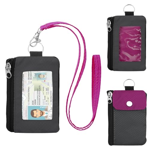 Carteira minimalista com bloqueio de RFID com cordão, capa funcional para identidade com 2 bolsos com zíper e chaveiro para homens e mulheres, porta-cartões com crachá tático, porta-moedas para