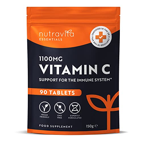 Vitamin C Tablets 1100mg – 90 Premium Vegan and Vegetarian Tablets – 3 Month Supply – High Strength Ascorbic Acid – for Normal Function of The Immune System – Made in The UK by Nutravita
