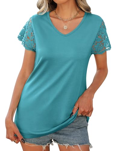 Desol Camiseta con cuello en V para mujer, encaje, blusa de manga corta, básica, oversize, túnica, verano, elegante, blusa de encaje para informal, oficina, deporte, turquesa, M