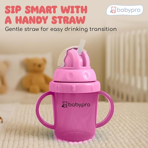 Image of BabyPro Baby Sipper Mug with Straw, 180 ml, Pink, for Babies 1+ Years | Toddler Drinking Bottle, Spill Proof, BPA Free, Easy Grip, Soft Spout, Leak Proof