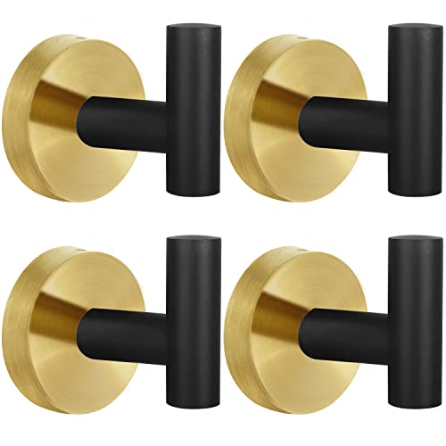 Image of 4 Pack Robe Towel Hooks Coat Hook Bathroom Black Gold Wall Hook Stainless Steel Heavy Duty Door Hanger Towel Robe Clothes Cabinet Closet Sponges Hook for Bathroom Bedroom Kitchen Hotel Pool