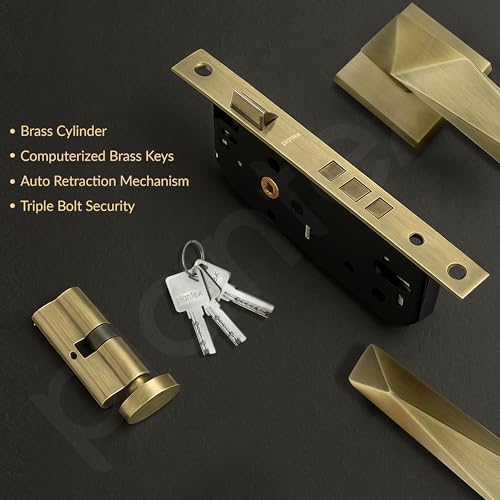 Image of Plantex Mortise Door Lock for Home /Main Door Lock Set /Mortice Lock Handleset with 3 Brass Keys & Cylinder - 3 Years of Warranty (7129, Brass Antique)