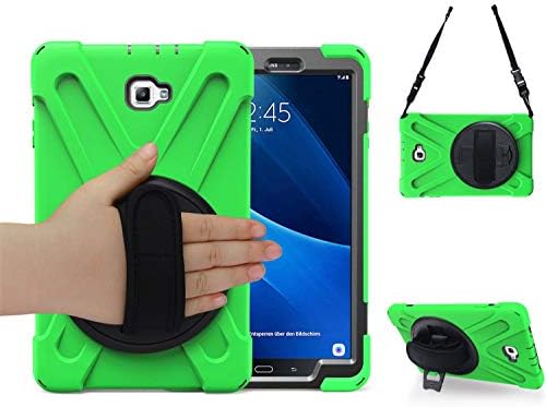 Galaxy tab a 10.1 case, TSQ Three Layer Hybrid Defender Bumper Drop Protection Rubber Hard Silicon Case Cover for Kids Students with Handle Hand Grip,Shoulder Strap& 360 Degree Rotatable Stand-Green