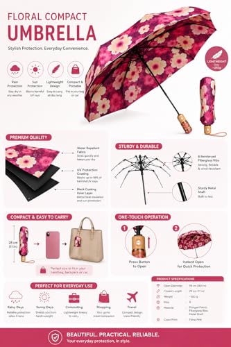 Image of BENAVJI Umbrella for Women -3 Fold, UV Coated, Auto Open Close- Printed Design Umberallas for Ladies, Girls and Men