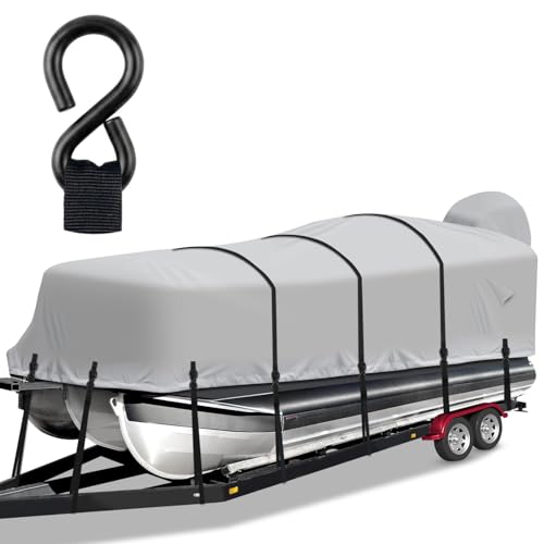 Cerumute Pontoon Boat Cover,1200D Heavy Duty Waterproof Pontoon Cover with Motor Cover and Windproof Adjustable Metal Hook, 21-24 ft,Gray