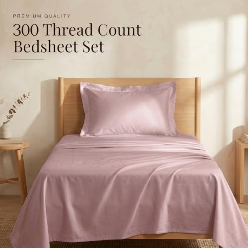 Image of Huesland Luxury 300 Thread Count Pure Cotton Sateen Weave Bedsheet for Single Bed with 2 Pillow Covers | Cameo Pink | 88 x 55 Inches