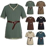 Túnica vikinga para hombre, manga corta, cuello en V, medieval, para cosplay, disfraz de guerrero de Halloween (no incluye cinturón), verde, S