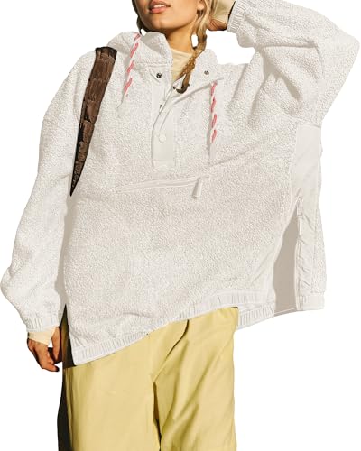 Gacaky Womens Oversized Fleece Pullover Casual Fall Winter Warm Side Zipper Slit Button Down Hoodies Fashion Outfits Clothes