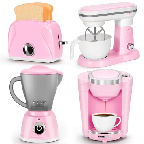 Pink Play Kitchen Appliances Toy Set with Coffee Maker Machine, Mixer, Toaster, Blender, Kids Kitchen Playset, Play Kitchen Accessories with Sound & Light, Birthday Gifts for Kid Girls Ages 3-5 4-8