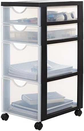 Iris Ohyama, Storage tower, Plastic organizer, 4 drawers of 4 L, Ergonomic handles, Wheels, A4 format, Office, Bedroom, Living room, Bathroom - DDDC-004 - Black