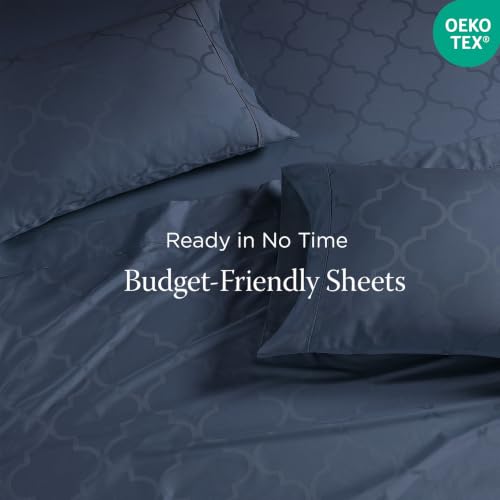Image of Threadmill 300TC Cotton King Sheet Set, Sateen, Damask, Folkstone Blue
