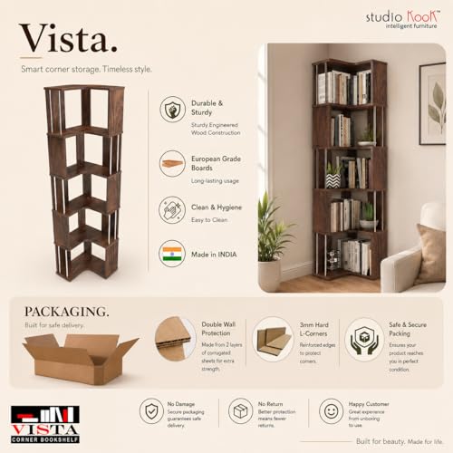 Image of Studio Kook Vista Engineered Wood Corner Bookshelf | Bookcase (Matte Finish) (Junglewood)