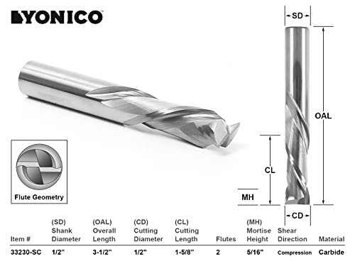 Yonico Cnc Compression Bit 2 Flute Spiral End Mill Router Bit 1/2-Inch Dia. 1/2-Inch Shank 33230-Sc #TOP1