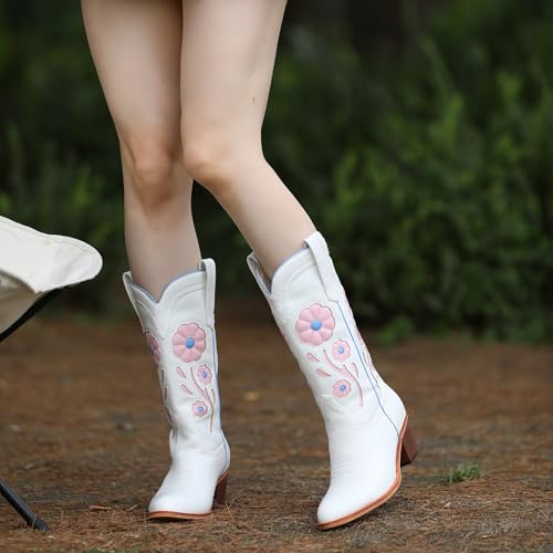 Image of Womens Floral Cowboy Boots,Cute Mid Calf Flower Cowgirl Western Country Boot Pointed Toe Chunky Heel Shoes for Women.