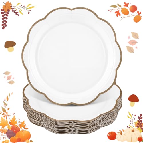 Image of 30 Pcs Brown and White Paper Plates 7 In Scalloped Fall Plates Disposable