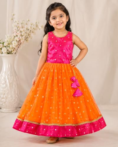 Image of Girls Designer Lehenga Choli Set Orange Rani Pink Readymade Pattu Pavadai Style Traditional Ethnic Dress for Baby Girls Kids Festive Wedding 3Months-8 Years