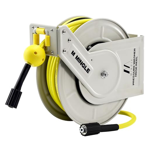Image of M MINGLE Retractable Pressure Washer Hose Reel, 1/4" × 60ft Power Washer Hose Reel, Auto Rewind Hose Reel, Wall/Floor Mounted, 3600 PSI