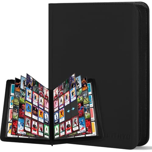 WITHYU Card Binder 16 Pocket- Holds 1024 Trading Cards | Zippered Ringless & Side-Loading Album | for TCG MTG Football & Sports Cards (Black)