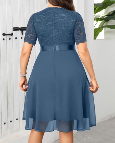 Image of Talisea Plus Size Wedding Guest Dress - Formal Cocktail Party Ruffle Elegant Tea Length Lace Chiffon V Neck Midi Dresses