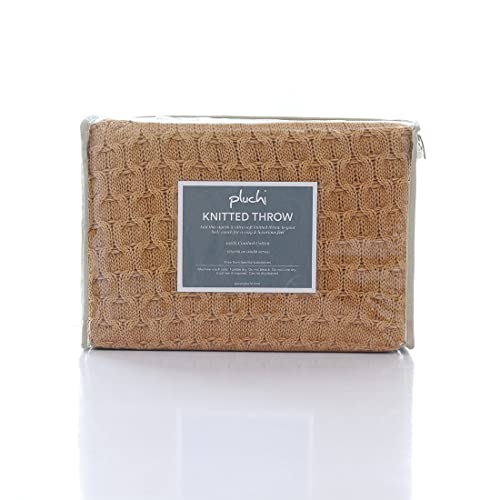 Image of Pluchi Kelly Knit Cotton Knitted Textured All Season AC Throw Blanket for Sofa (Luxurious,125cm X 150cm, 49 x 59 Inches) (Mustard)