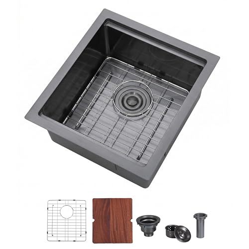 Image of 15x17 Black Bar Sink Undermount, Gunmetal Black Workstation Stainless Steel 16 Gauge Small Kitchen RV Prep Wet Bar Sink 9 inch Deep Single Bowl with Cutting Board