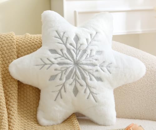 Image of MolynnChic Decorative Throw Pillow – White Plush Cushion with Silver Grey Embroidery – Soft Winter Christmas Accent Pillow for Couch, Sofa, Bedroom & Holiday Décor