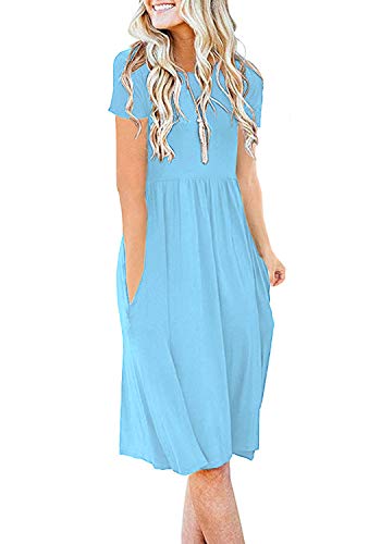 Image of DB MOON Women Summer Casual Short Sleeve Dresses Empire Waist Dress with Pockets (Light Blue, M)