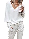 Shownicer Strickpullover Damen V Ausschnitt Oversize Pullover Fledermausärmel Langarmshirt Tunika Sexy Lose Oberteile Jumper Tops Sweatshirt Weiß XS