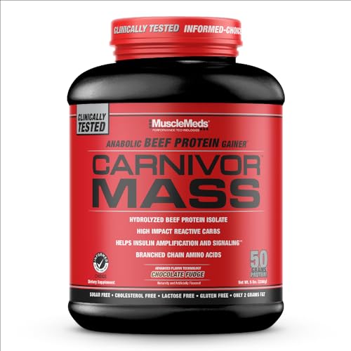 Image of MuscleMeds CARNIVOR Mass Gainer Beef Protein Isolate Shake, 50 Grams Protein, 125 Grams Carbs, 0 Fat, 0 Sugar, Lactose Free, Chocolate Fudge, 5 Pound