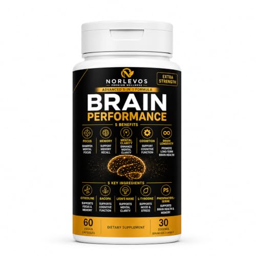 Norlevos Advanced 5-in-1 Brain Performance Formula –Cognitive Support for Focus, Memory & Mental Clarity-Citicoline, Bacopa Monnieri, Lion's Mane Mushroom, L-Tyrosine– 60 Vegan Capsules