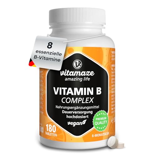 Vitamin B Komplex hochdosiert & vegan, 180 Tabletten für 6 Monate, B1, B2, B3, B5, B6, B7, B9, B12 Vitamine in einer Tablette, Natürliche Nahrungsergänzung ohne Zusatzstoffe, Made in Germany