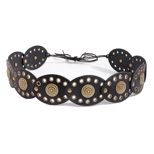 IZUS Women Western Disc Cowgirl Belt Vintage Wide Country Waist-Rope PU-Leather-Studded Belts for Dresses 2.35 inch