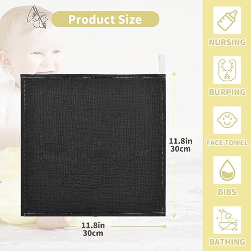 Image of YETTASBIN Solid Black Muslin Baby Hand Washcloths, Soft Cotton Bath Face Towel, 4 Layers Extra Absorbent Feeding Burp Cloth for Newborn Infant Sensitive Skin, 5 Pack