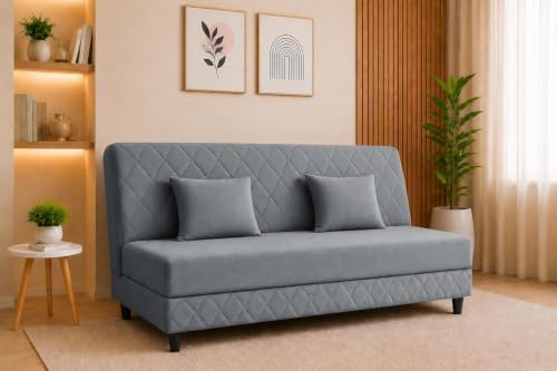 Image of Deco Studio 3 Seater Sofa Bed | Premium Upholstered Velvet Fabric Folding Couch for Living Room, Guest Room & Bedroom | Quilted Backrest with 2 Cushions (Grey)