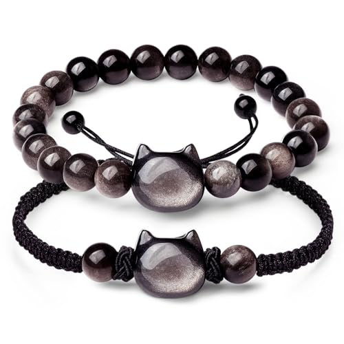 2 Pcs Cat Black Obsidian Bracelet Set Money Wealth Mood Beaded Bracelet Rope Bracelets for Men Women Stretch Bracelet Good Luck Feng Shui Bracelets Gifts Jewelry for Boyfriend Husband Father