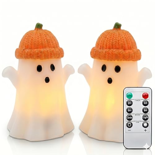 Image of Enido Ghost with Pumpkin Hat Flameless Candles with Remote, Set of 2 Cute Real Wax LED Halloween Candles, 200H Long Battery Operated Tea Lights, 2 /4 /6 /8H Timer for Kids Room, Fall Tiered Tray Decor