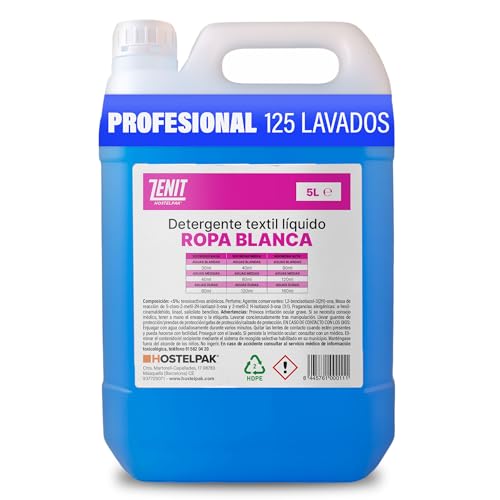Hostelpak | 5L - Detergente líquido Ropa Blanca, Lavandería profesional, Detergente ropa clásico, Detergente para el lavado de ropa
