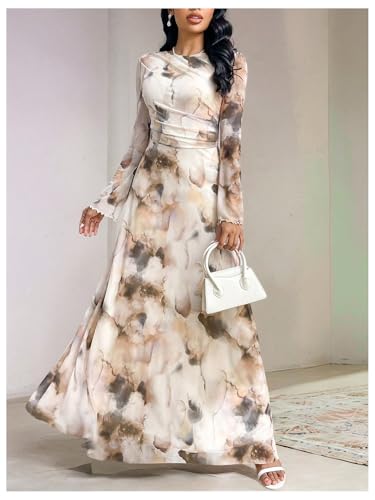 GORGLITTER Women's Mesh Long Sleeve Maxi Dresses Elegant Boho Tie Dye Prom Graduation Formal Wedding Guest Long Dress2