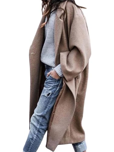 Image of Jenkoon Women Classic Notched Collar Wool Blend Mid-Long Coat Double-Breasted Lapel Jacket Outwear(Khaki,M)