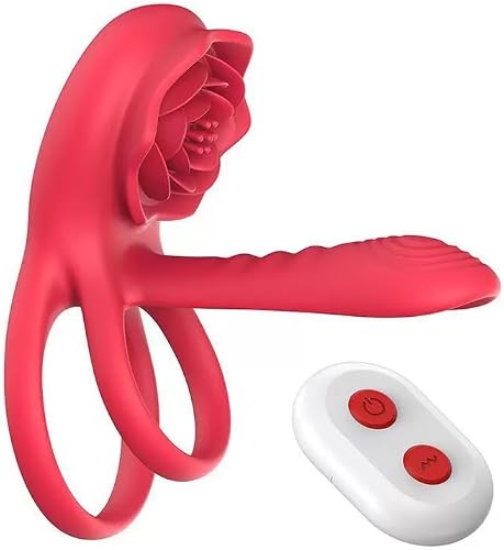 Vibrating Cock Ring for Couples, Red Silicone, Rose Design, Dual Stimulation with Remote Control, Adjustable Size