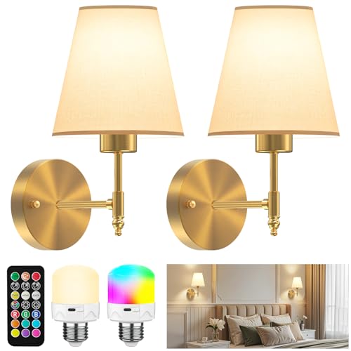 Lista de Lámparas de pared más recomendados. 46 HORKEY Apliques de Pared a Pilas con Mando a Distancia Juego de 2 Dorado, Lámpara de Pared con Bombillas Recargables Inalámbricos Carga USB RGB 12 Colores, Blanco Tela Cubierta...