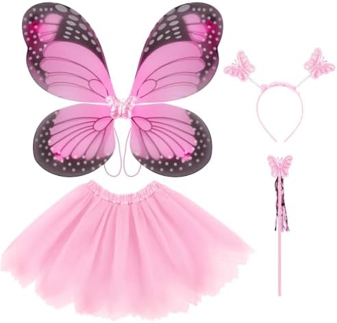AYBUY Kostüm Schmetterling Kinder Mädchen, 4 Stück Lila glänzendes Tutu mit Schmetterlingsflügeln, Geeignet für Geburtstagsfeier, Cosplay, Mottoparty, Karneval, Halloween, Cosplay
