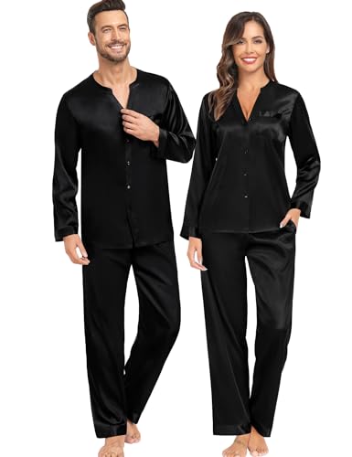 SWOMOG Matching Couple Pajamas Set Family Satin Silk Pjs Button Loungewear Men and Women Long Sleeve Sleepwear Black