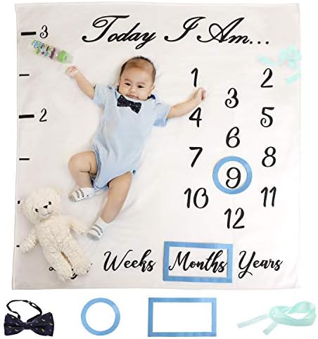 Baby Monthly Milestone Blanket Boy | Large & Soft Fleece Newborn Photography Background Blanket for Boy or Girl | Best Baby Shower Gift for Mom | Bonus Ruler, Frames, Bow Tie & eBook